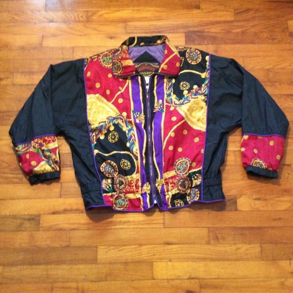 Vintage Womens Windbreaker Gold Tapestry Burgundy Purple Medusa Like Size Large